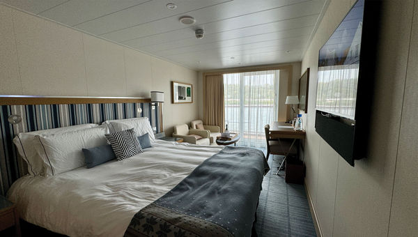 A deluxe veranda stateroom on deck 2 on the Viking Mississippi.