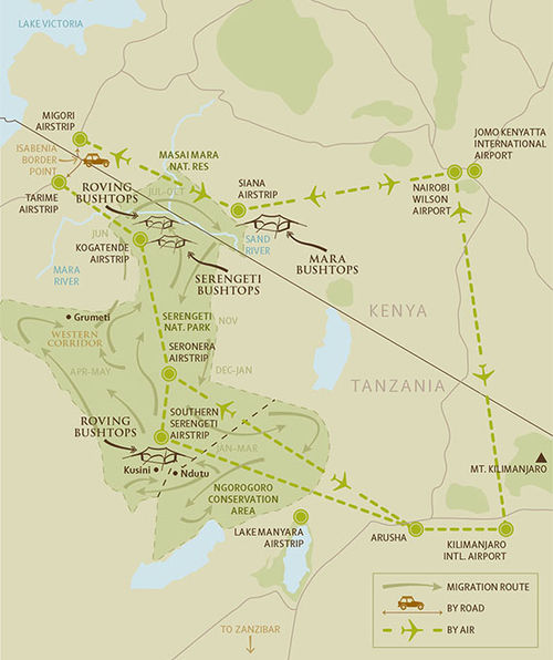 A map shows the two Roving Bushtops locations.Bushtops Safari Camps