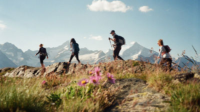 EF World Journeys staff on a test tour of a Swiss Alps hiking tour. Lael Kasis, vice president of market development, second from right, and president Heidi Durflinger, far right.