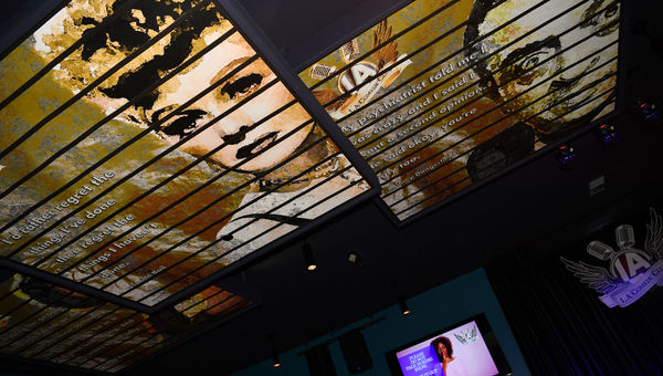 Acoustic ceiling panels at the L.A. Comedy Club at the Strat pay tribute to comedy legends.