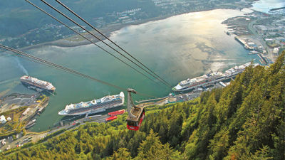 The Juneau waterfront and cruise ship dock from Mount Roberts' Goldbelt Tram.