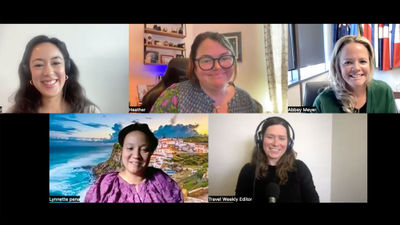 In a Folo podcast epsiode about all-inclusives in Europe, clockwise from top left Travel Weekly's Christina Jelski; Heather Huber, an advisor with Vincent Vacations; Abbey Meyer, cofounder of Sky High Travel Advisors; host Rebecca Tobin; and Lynnette Pena, an independent advisor with CS Elements Travel.