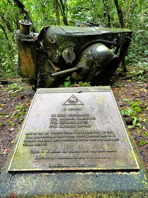 An overturned American tank in the jungle on Peleliu Island.