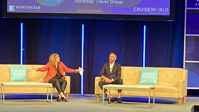 Carnival Cruise Line senior vice president of global sales and trade marketing, at CruiseWorld with Northstar Travel Group's Mary Pat Sullivan.