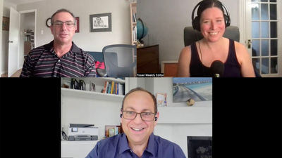 Clockwise from top left: Travel Weekly aviation editor Robert Silk, host Rebecca Tobin and airlines expert Gary Leff of the "View From the Wing" site.