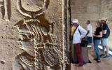 Close-up of ancient hieroglyphic carvings at the Temple of Philae while on excursion during a Viking Aton sailing on Egypt's Nile River.