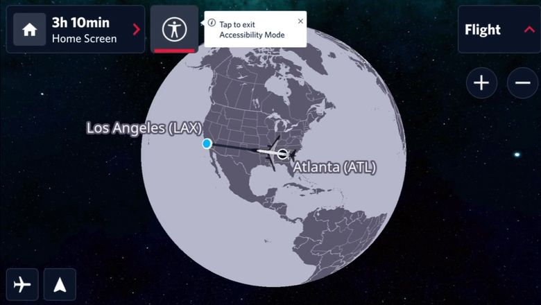 Delta's flight map screen for those with low-vision impairment is less busy and uses larger type than the standard flight map product.