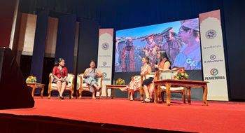 A panel at the GX Summit with, left to right, Aayusha Prasain, CEO, Community Homestay Network; Meenu Vadera, founder, Azad Foundation and Women With Wheels; Tabitha Lipkin, travel host, journalist and content creator; and moderator Kelly Galaski, senior director of operations and head of impact at Planeterra.