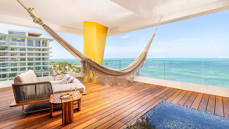 Corner suites at the Hotel Mousai Cancun feature wraparound terraces, hammocks and private plunge pools.