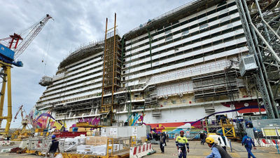 The Norwegian Aqua, under construction at the Fincantieri shipyard just outside of Venice, is the first ship in Norwegian Cruise Line's Prima Plus class.