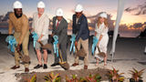 Executives participated in a ground-breaking ceremony for the Nikki Beach Resort & Spa planned for Antigua. L to R: Kelvin Craig Simon, Antiguan politician and member of the United Progressive Party; Calvin Ayre, chairman of the Ayre Group; St Clair Soleyn, a member of the Antigua and Barbuda ministry of tourism; Gaston Browne, prime minister of Antigua and Barbuda; Lucia Penrod, co-founder, CEO and owner of Nikki Beach Hospitality Group.