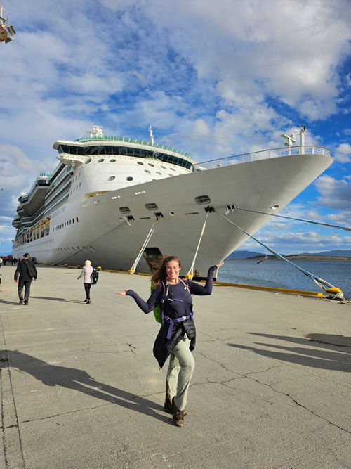 Social media influencer Jenny Hunnicutt in front of the Serenade of the Seas in Argentina.