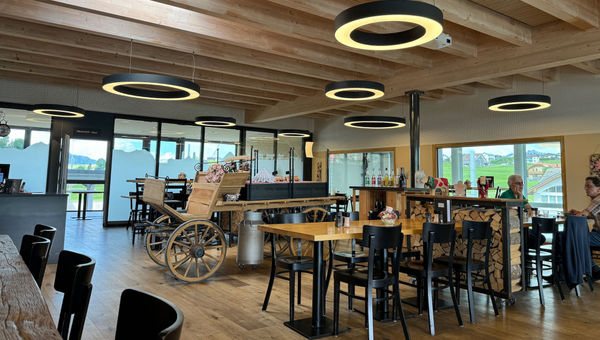 The dining room at Milchmanufaktur, a cheese cooperative in Einsiedeln.