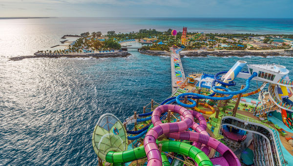 The Icon of the Seas with Perfect Day at CocoCay in the background.