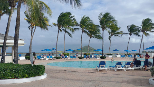 The resort's activity pool offers daily activities, including volleyball and water aerobics.