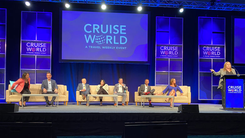 Cruise sales execs gather for the Masterminds Leadership panel. From left, Katina Athanasiou of Celebrity; John Chernesky of NCL, Rob Coleman of Holland America, Koreen McNutt of MSC Cruises, Anthony Meloro of Royal Caribbean; Adolfo Perez of Carnival; and Carmen Roig of Princess, with moderator Mary Pat Sullivan.